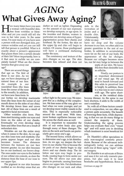 Aging: what gives away aging? by Dr Humble: read about the telltale signs of aging. Palos Verdes Style magazine April-May 2001